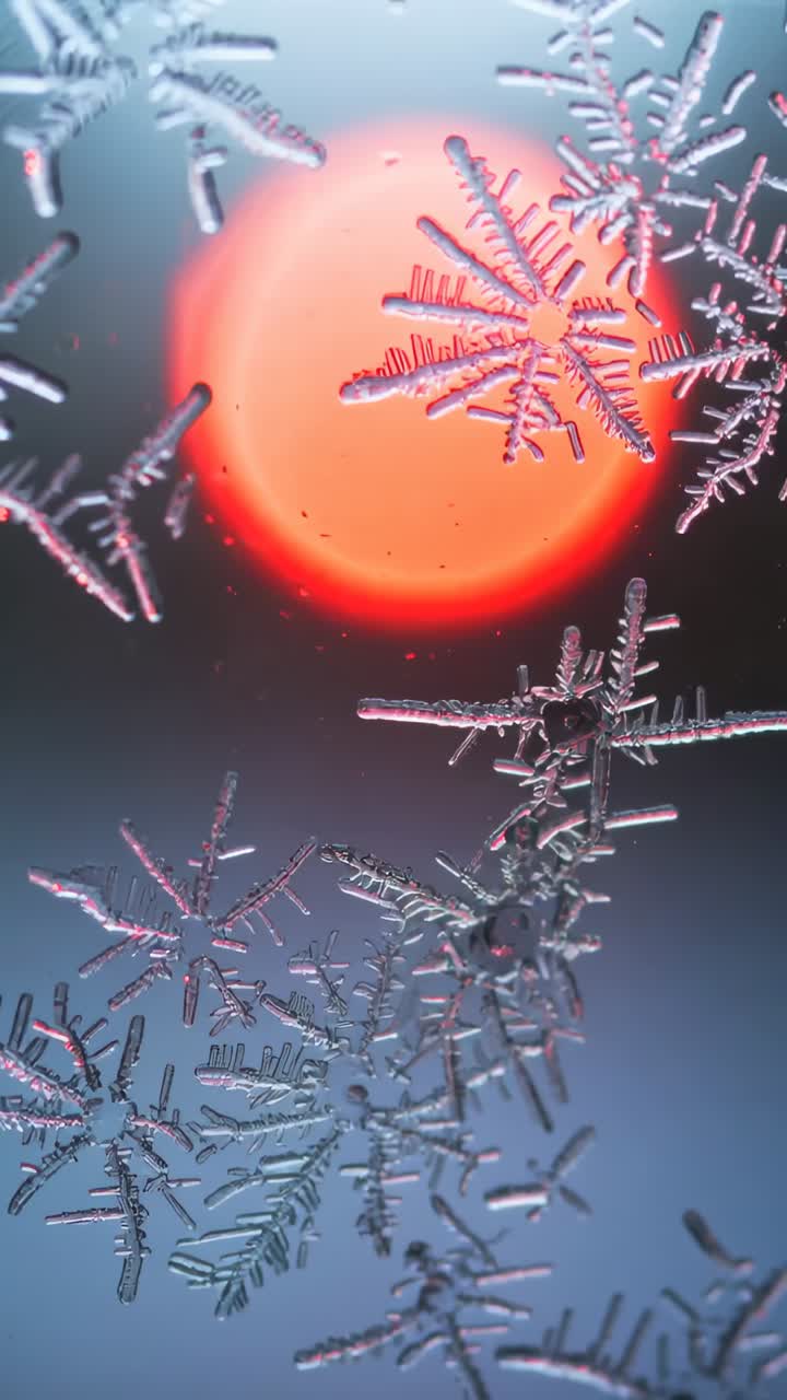 Video verticale: lente con messa a fuoco che rivela cristalli di ghiaccio su vetro bagnato, bokeh caldo per la texture