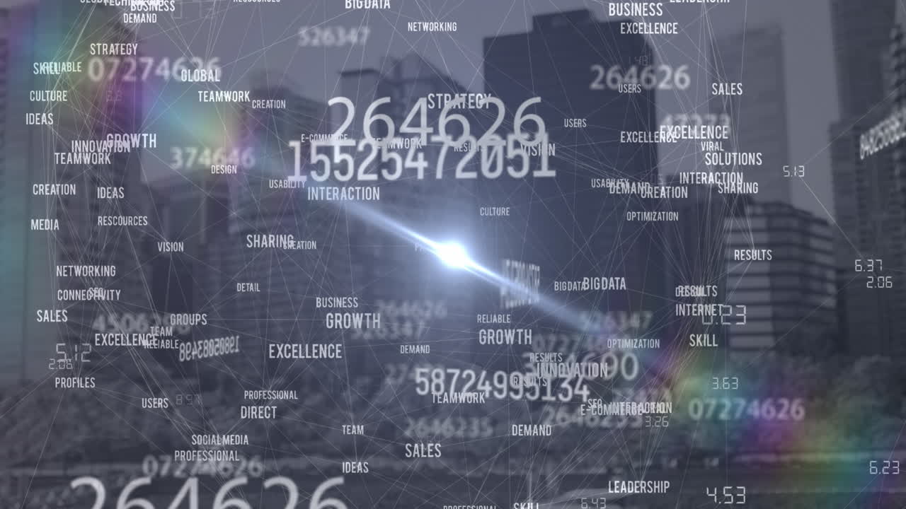 도시 풍경 위의 데이터 처리 및 숫자의 애니메이션