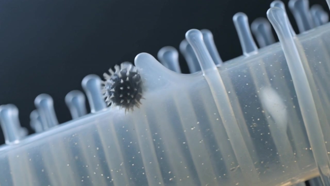 Particella appuntita fluttuante che tocca il bordo di un cilindro di gel in laboratorio, con una proiezione che si espande e lo avvolge