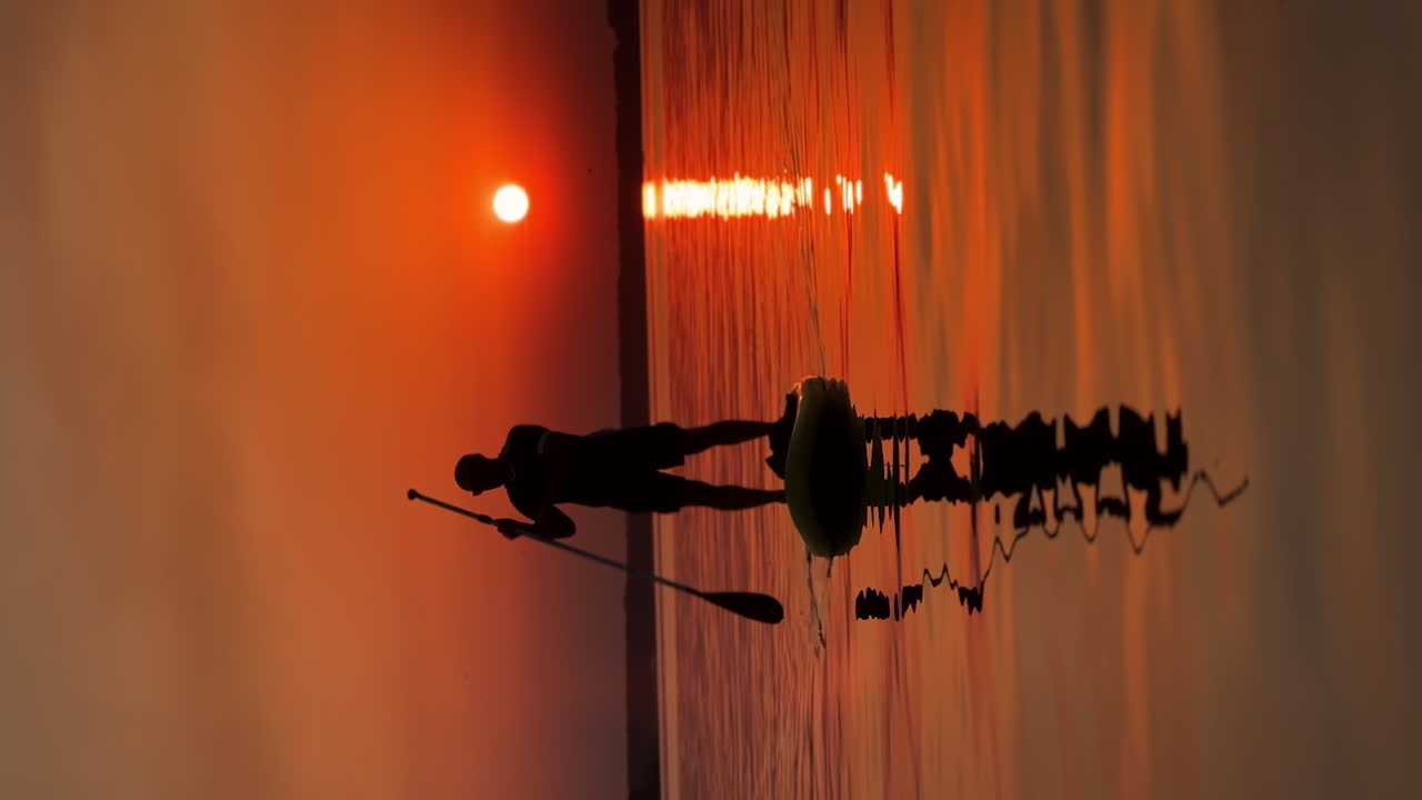 Red sky at sunset reflecting in the river. Male silhouette sup boarding buy the calm water. Vertical screen.
