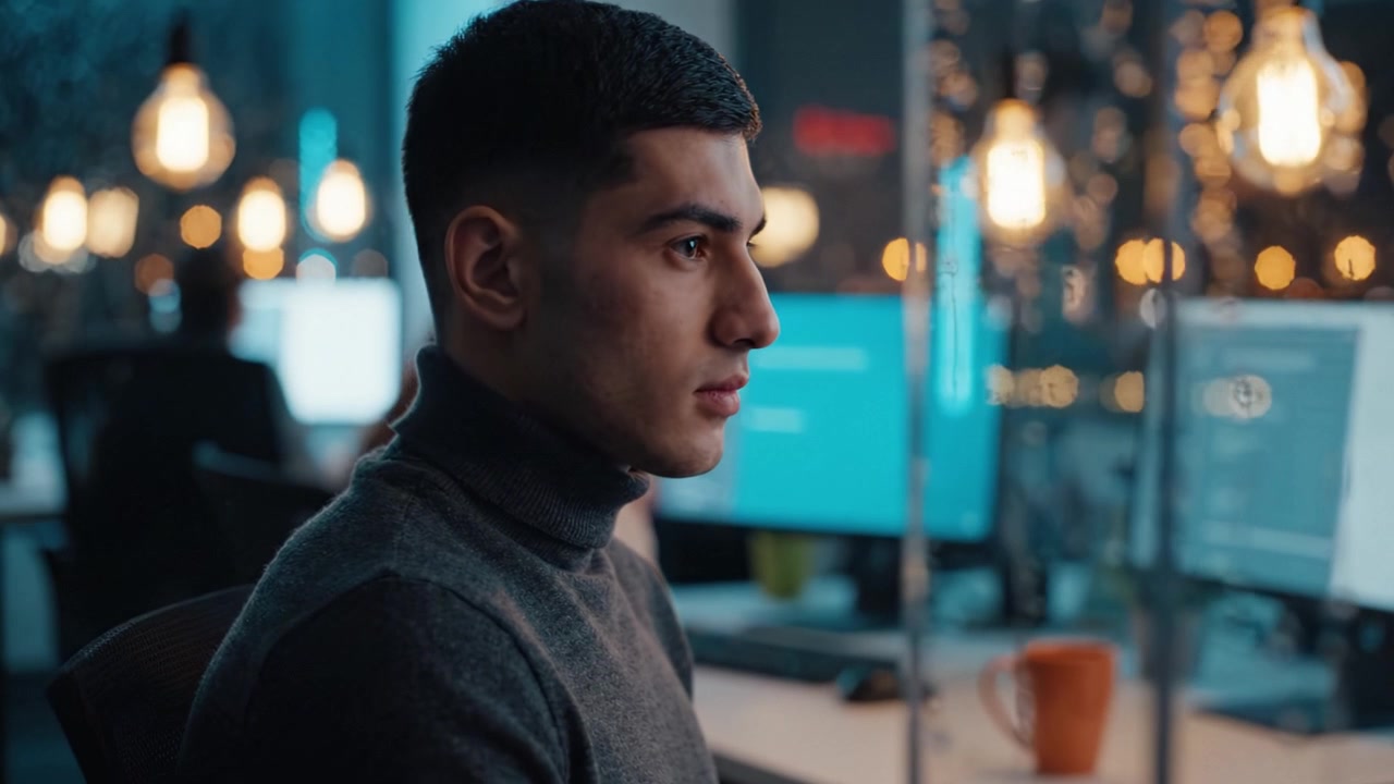 Focused Young Man Working in a Modern Office with Computer Screens and Ambient Lighting, Illustrating Concentration and Professionalism in a Contemporary Environment