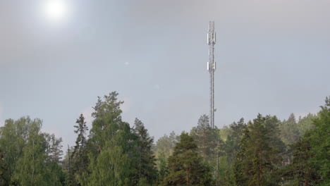 vista antiestética del mástil de la torre de la célula 5g que se eleva sobre el área de bosque natural