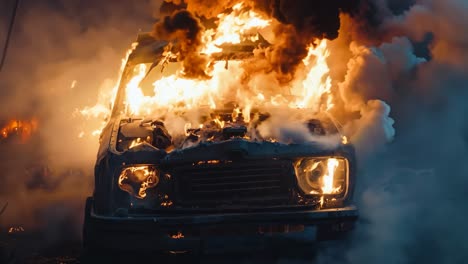 a car is engulfed by flames on the side of the road