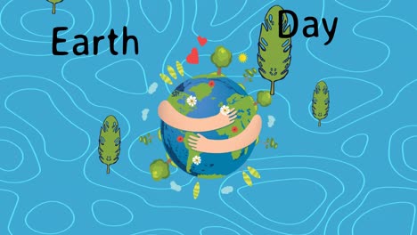 animation of earth day text over arms wrapped around globe and trees on blue background