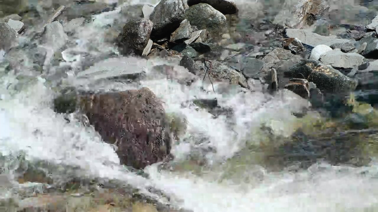 Primo piano statico di un ruscello di montagna che scorre velocemente su rocce e massi, catturando la potenza e la bellezza dell'acqua dolce limpida in un paesaggio naturale.