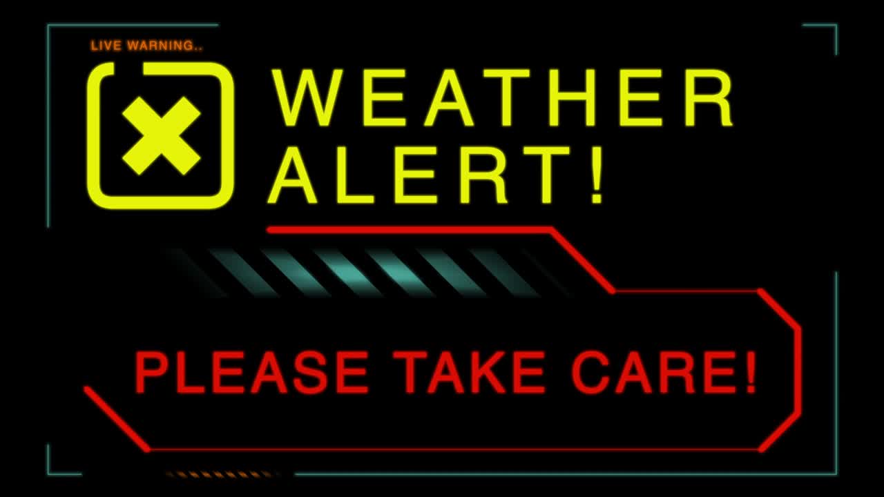 Live digital signage with the warning message “Weather Alert! Please Take Care!” for news rooms, weather rooms or outdoor signage