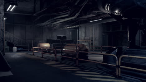 exploring an underground bunker with industrial machinery and shadowy lighting