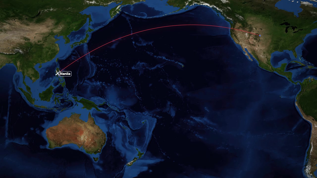 A white airplane icon follows a red arc across a satellite world map from Colorado
