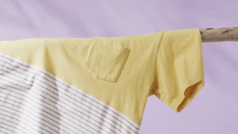 Video-of-close-up-of-yellow-and-striped-white-t-shirt-hanging-from-branch-on-purple-background