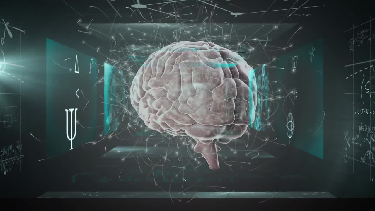 Human brain spinning against screens with mathematical equations on green background