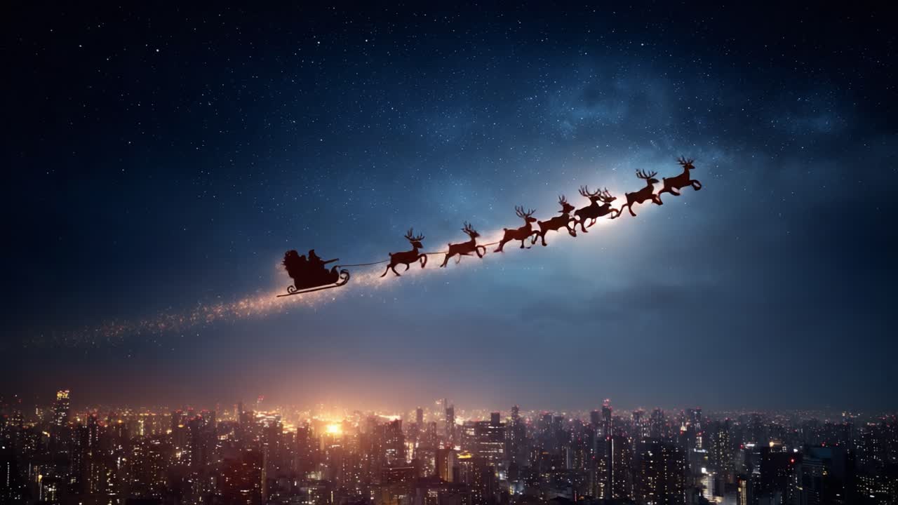 A Magical Night: Santa and His Reindeer Gliding Through a Starry Sky Above a Glittering Cityscape in the Heart of Winter Celebration