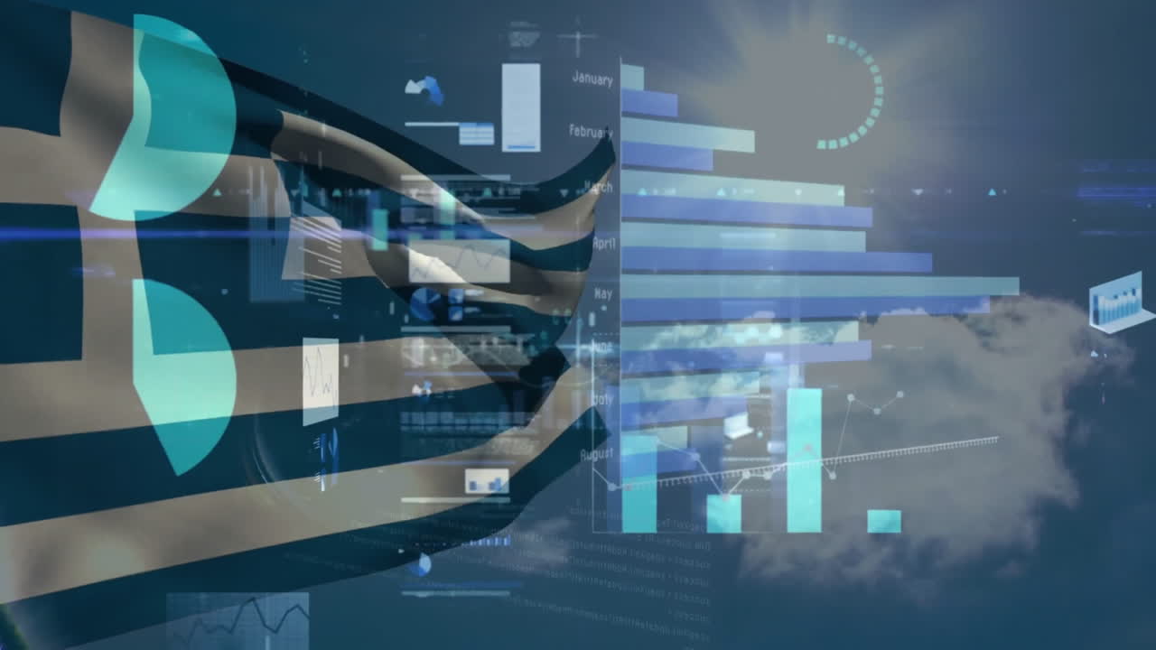 Animation of flag of greece over blue sky and charts processing data