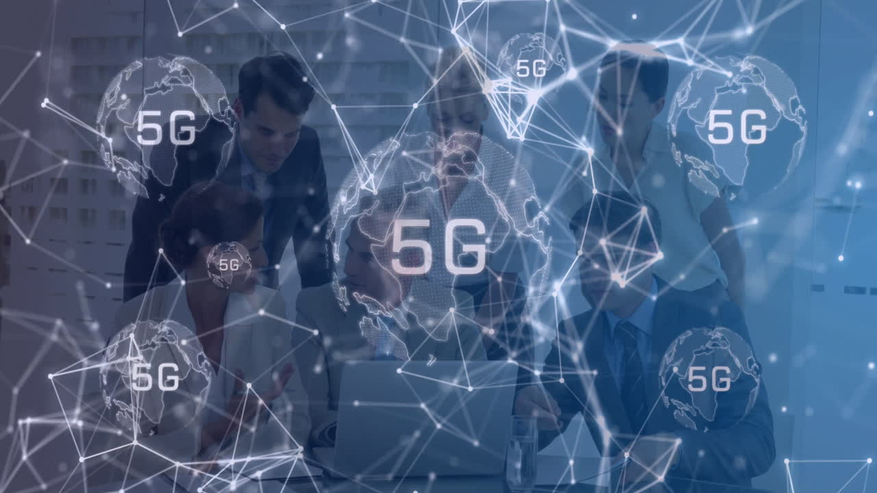 Collaborating in office, business team using animation with 5G network connections