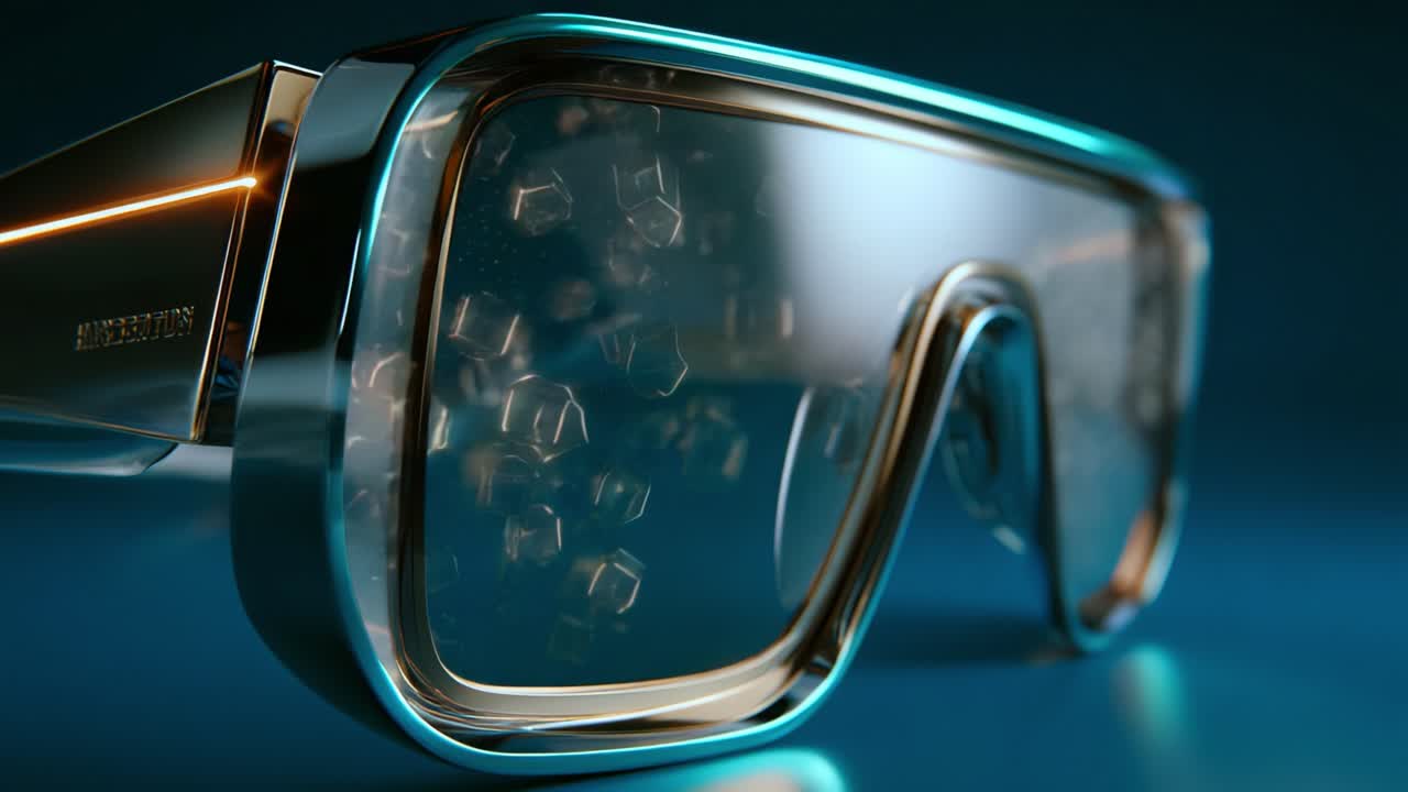 Futuristic Technology: A Close-Up on an Innovative Pair of Augmented Reality Glasses Highlighting Modern Design with a Glimpse of Intriguing Crystal-Like Elements Inside, Set Against a Vibrant Background