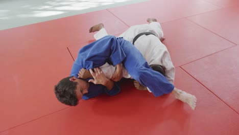 mixed race male judo coach and teenage mixed race male judoka  practicing judo