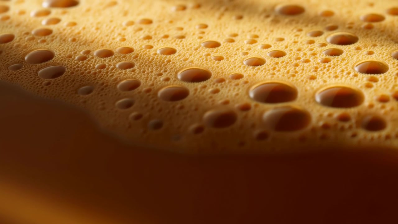 Mousse de café, aucune action observée, en gros plan de la surface du café, avec de la mousse de café, d'une perspective en gros plan de haut en bas, avec des accents marron et orange, une ambiance calme et invitante, objets à proximité.