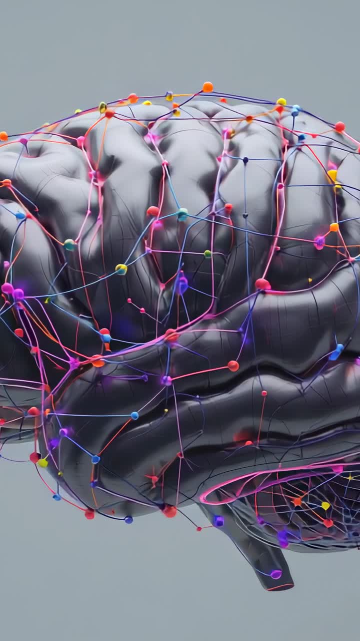 Vertical video: Rotating metal brain after cam zoom, showing pulsing neon net and nodes on gray set
