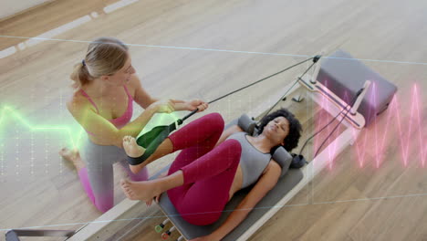 heart rate and fitness data animation over women exercising on pilates reformer