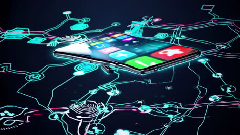 futuristic smartphone connected to a glowing digital network