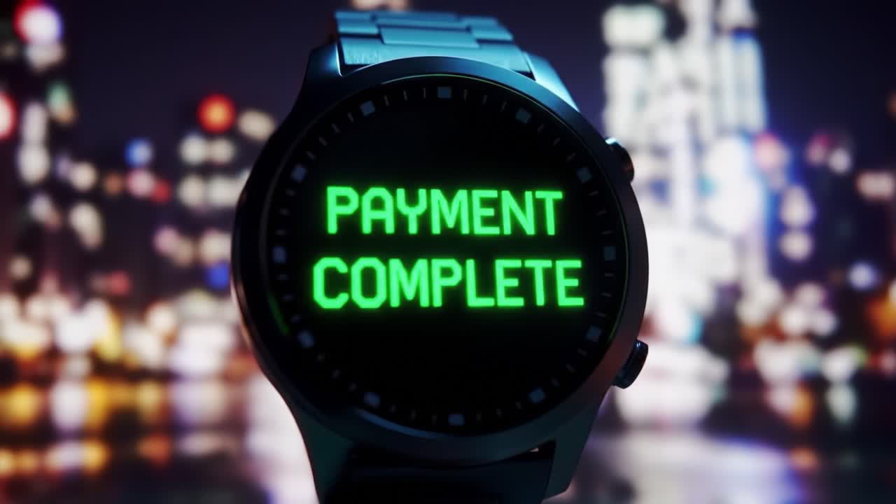 A sleek, modern smartwatch displaying the message 'PAYMENT COMPLETE' against a vibrant city skyline backdrop, showcasing the ease of digital transactions in contemporary life.