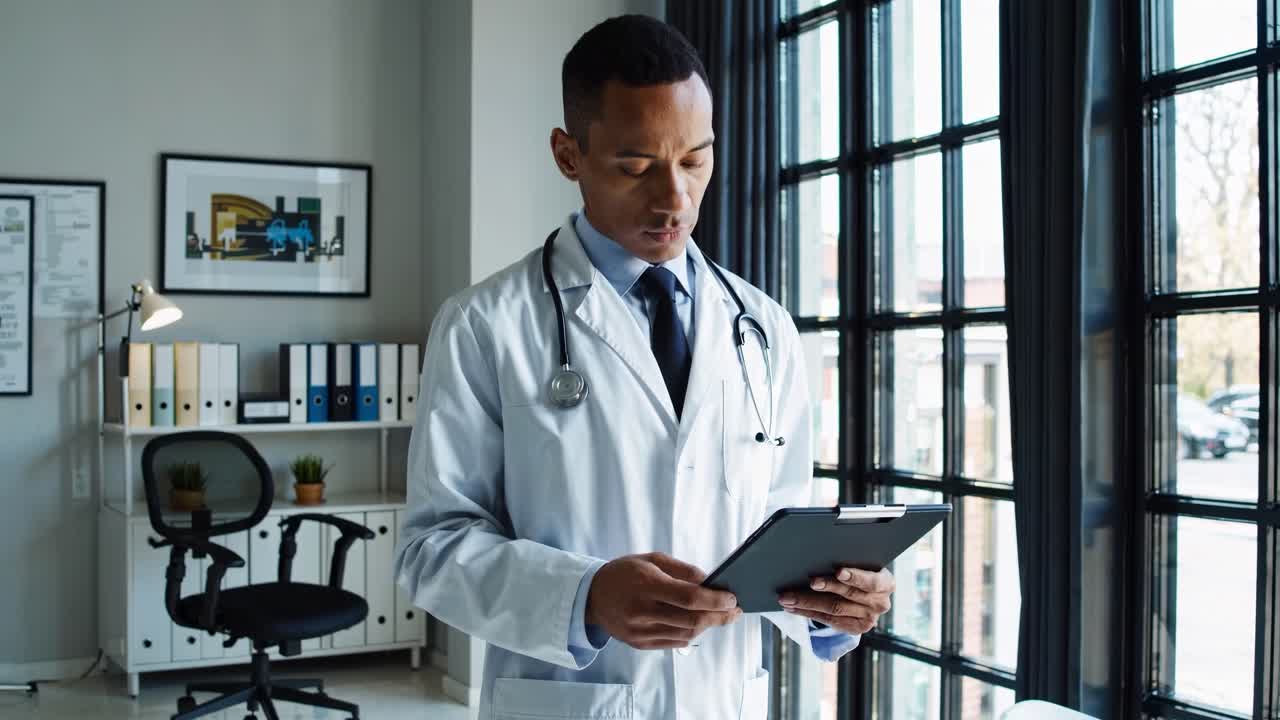 A doctor in a white coat reviews a tablet in a modern office