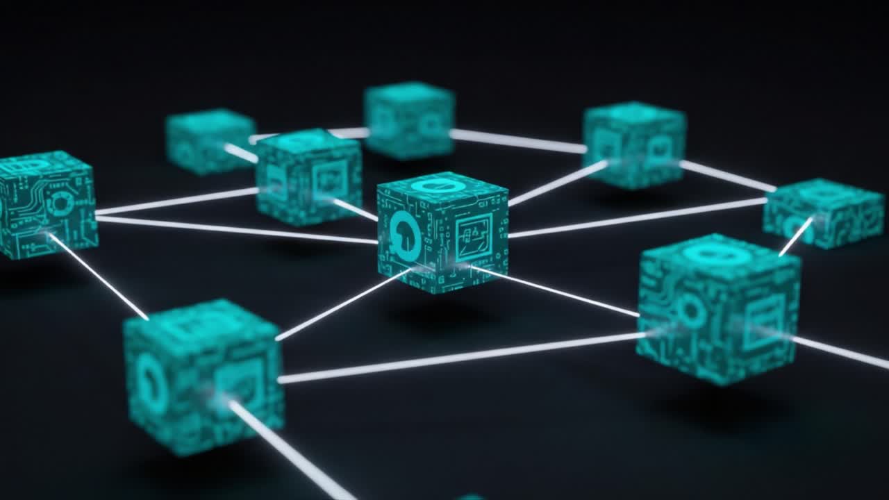 Dynamic Representation of a Blockchain Network with Interconnected Cubes Illustrating Digital Data Flow and Communication in a Virtual Environment