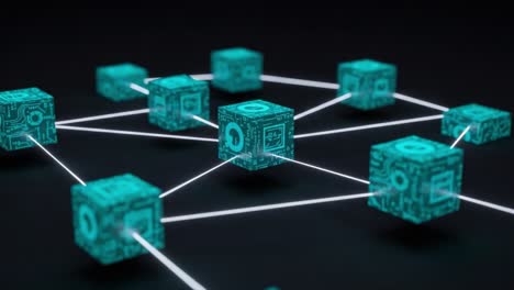 dynamic representation of a blockchain network with interconnected cubes illustrating digital data flow and communication in a virtual environment