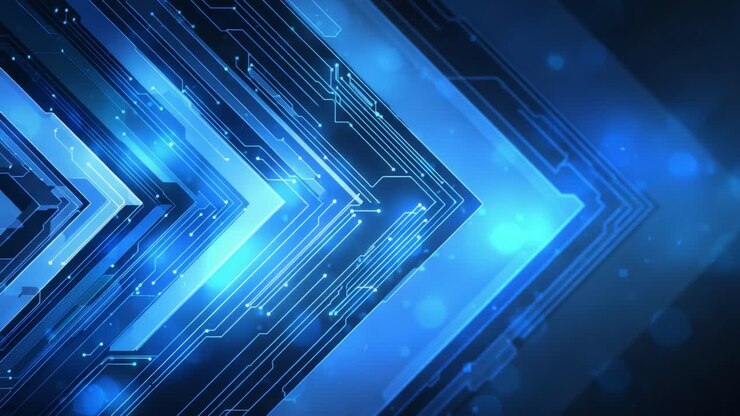 Sfondo blu dinamico tecnologico con linee geometriche ed effetti luminosi che illustrano la moderna innovazione digitale e la connettività
