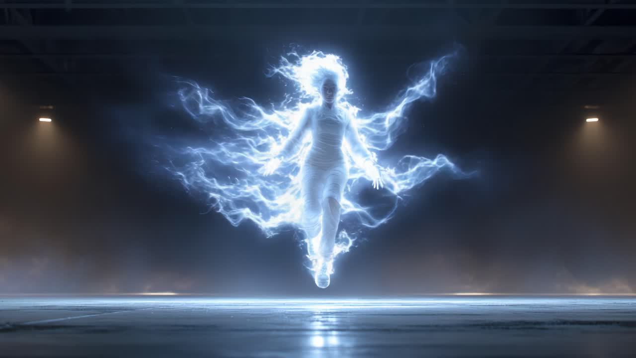 A striking visual of a luminescent figure suspended in mid-air, surrounded by an ethereal glow that exudes energy and dynamism, symbolizing a powerful transformation or awakening