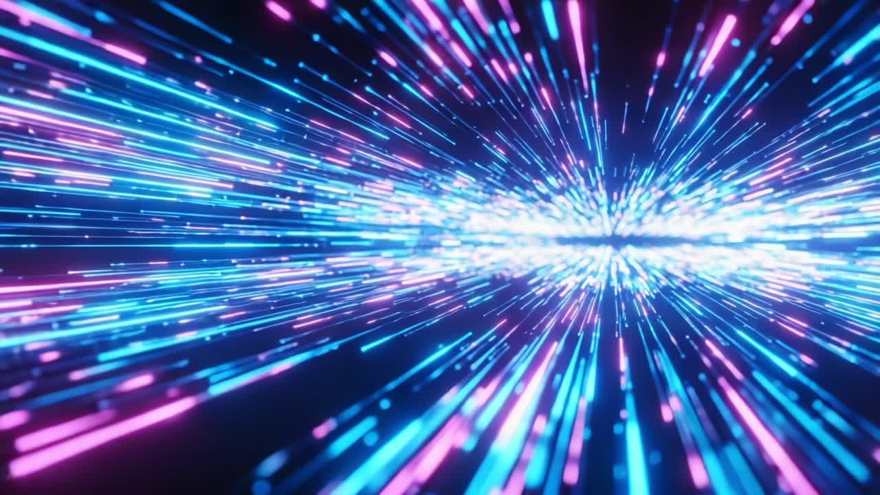 Dynamic Light Stream Visualization: An Enthralling Exploration of Colorful Particles in a Hypnotic Motion with Sparks of Blue and Pink Illuminating the Darkness