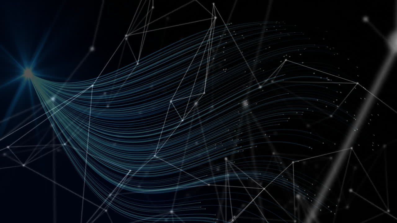 Creating abstract digital network, flowing blue lines with interconnected nodes animation