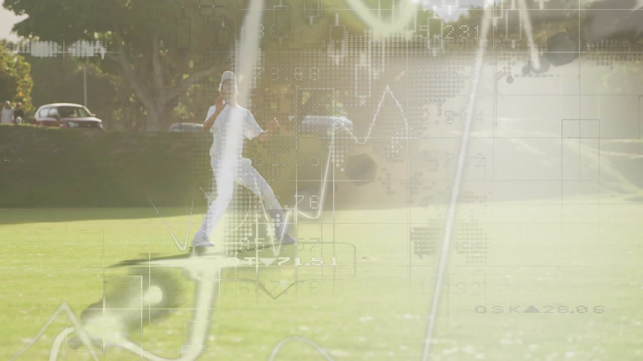 Man balancing on two-wheeled board in grassy park, showcasing technology with grid lines and data