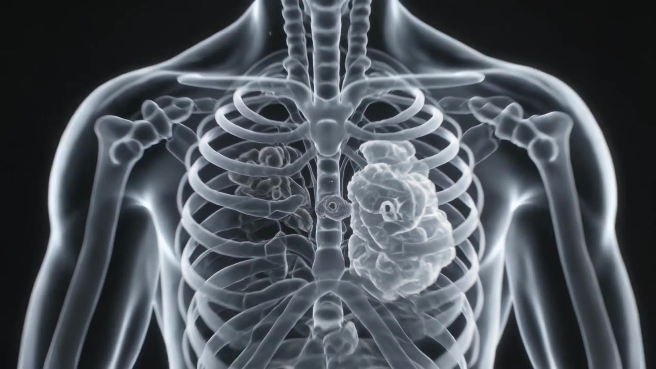La telecamera si allontana rivelando un torso maschile traslucido che si ritira da un lume tubolare, mostrando una lesione.