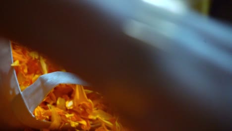 Persons-Hand-Placing-Shredded-Yellow-Petals-Of-Marigold-Flowers-On-White-Fabric-Bag-Used-For-Diwali-Rituals