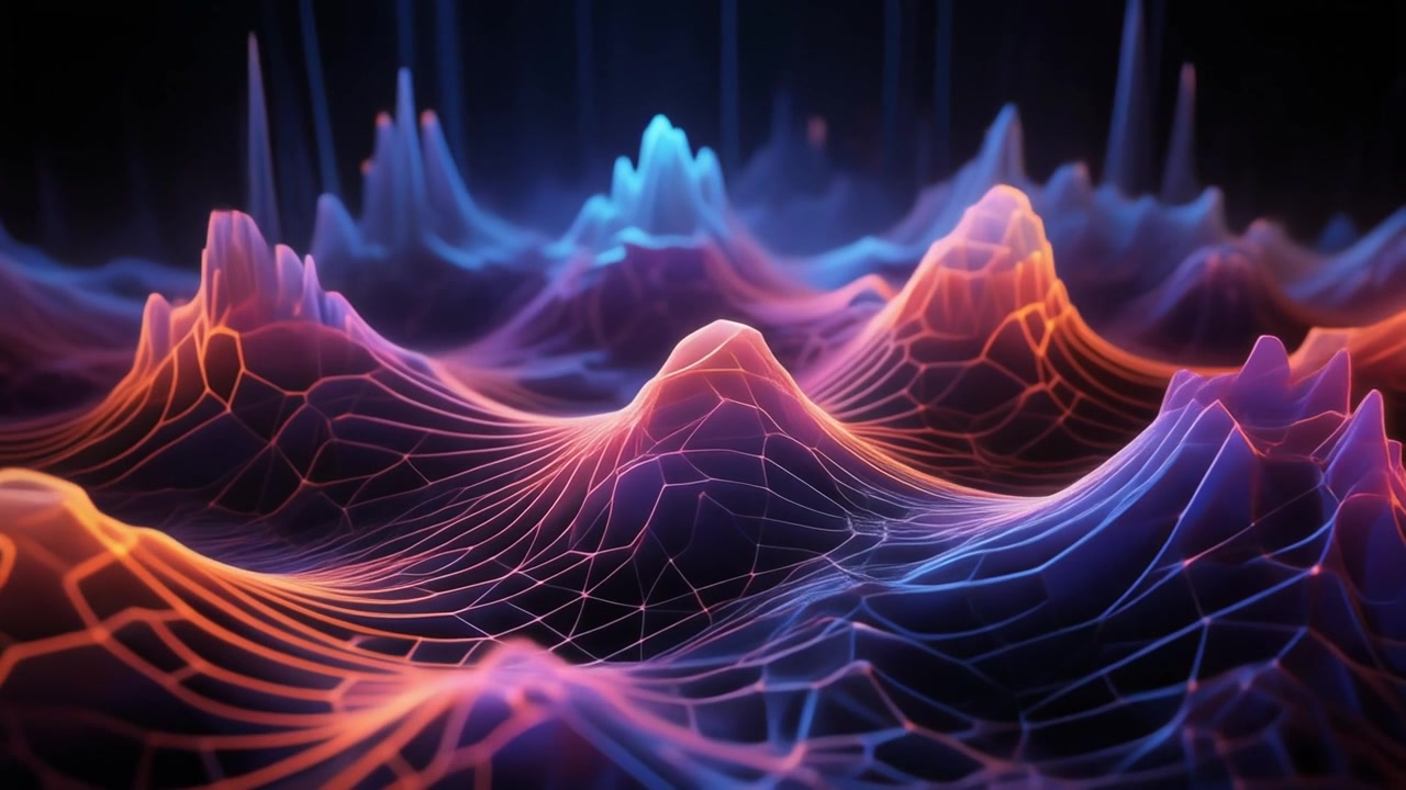 Abstract Digital Landscape with Glowing Wireframe Terrain