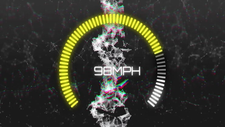 Speedometer animation showing 98 MPH over abstract DNA strand and digital connections