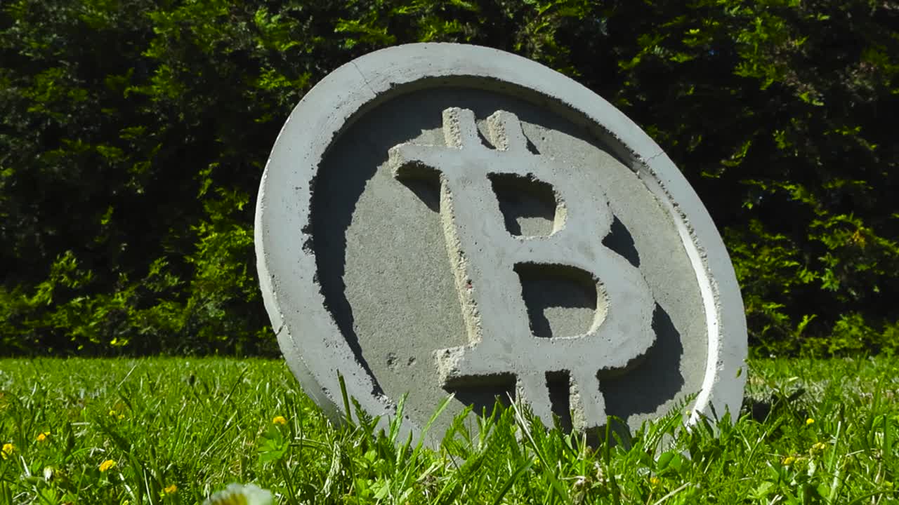 Low angle video of a concrete gray colored Bitcoin cryptocurrency money sculpture standing upright in grassy green garden while summer time sunshine is creating shadows on it