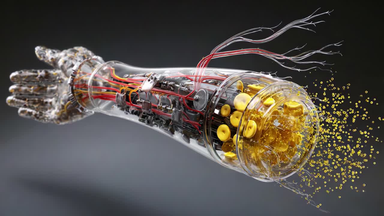 Futuristic Robotic Prosthetic Arm Showcasing Advanced Technology with Visible Circuitry, Transparent Design Elements, and Energetic Particles Representing Enhanced Functionality and Movement