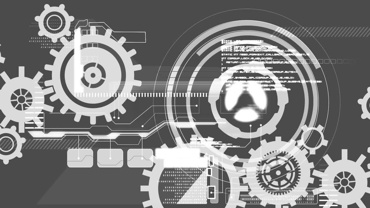 Animation of cogs spinning scope scanning and data processing on grey background