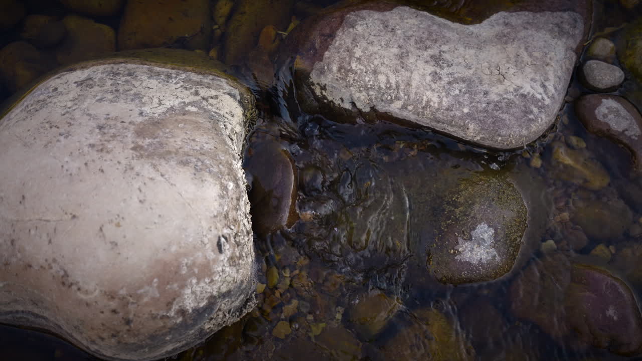 Creek Through Rocks In The Mountain Forest. Close-up Shot