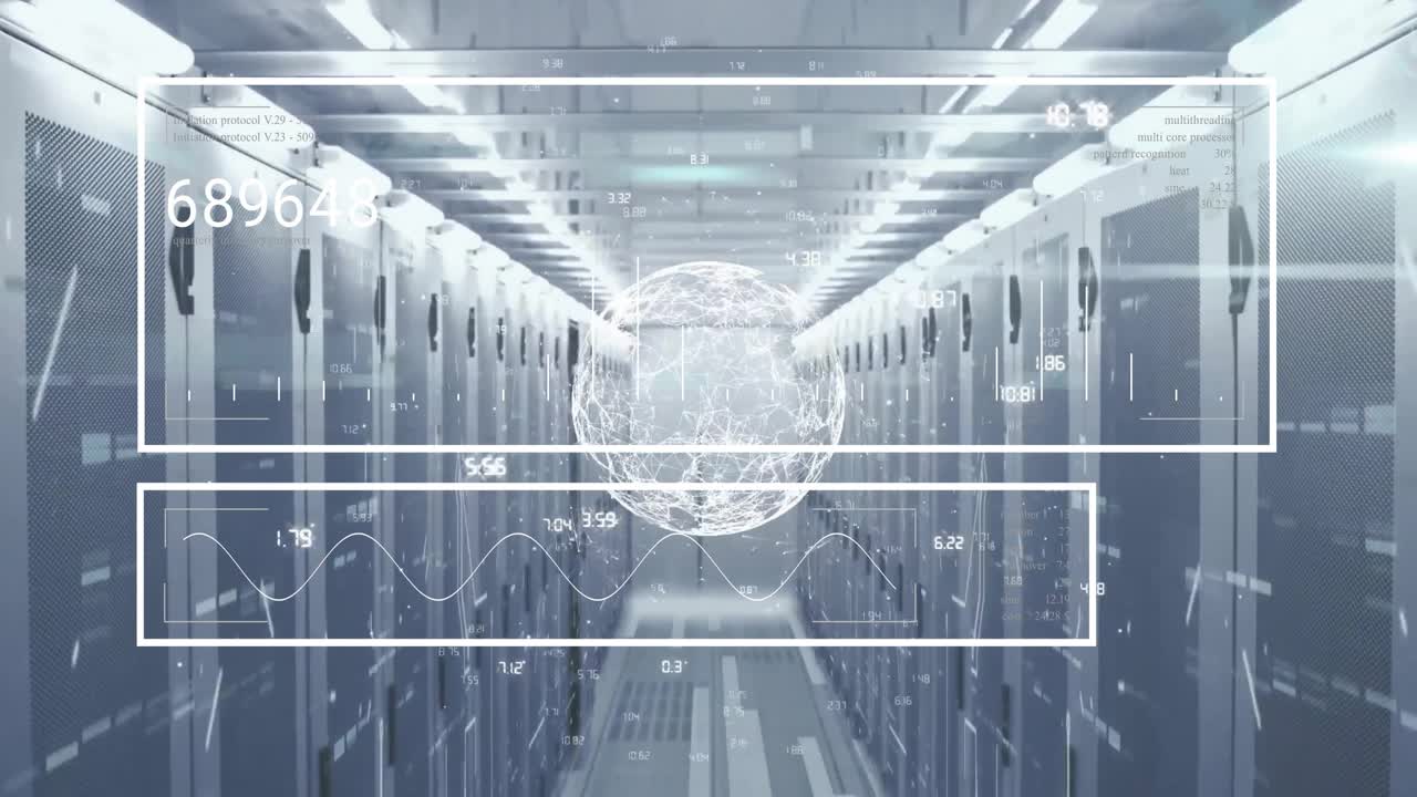 Animation of globe and digital data processing over computer servers