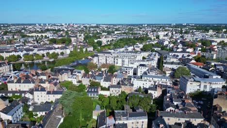 smooth panning aerial movement about nantes downtown with buildings, nantes, france