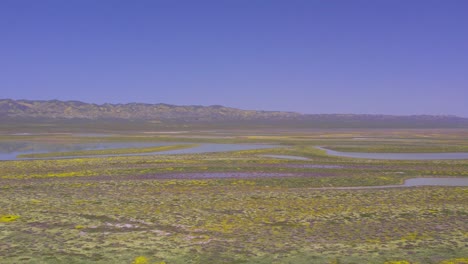 Aerial-Pan-Left-of-Carrizo-Plain-in-California-During-the-Wildflower-Superbloom