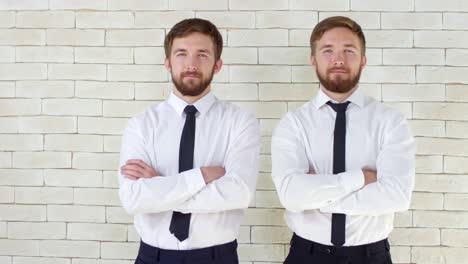 twin businessmen standing with arms crossed