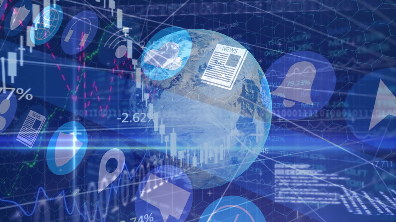 Animation of global financial data overlaying digital earth with network connections