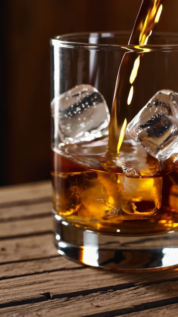 Whiskey with Ice on Wooden Table