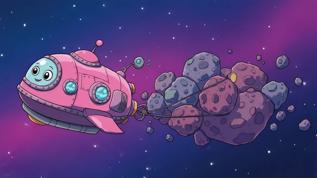 A Colorful Cartoon Spaceship Joyfully Drags a Cluster of Asteroids Through the Vibrant Cosmic Background, Capturing the Imagination of Young Explorers in Space