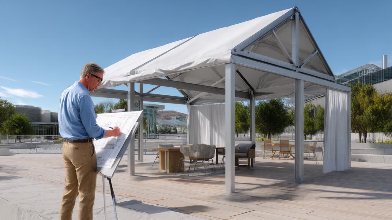 Man drawing plans for a pavilion