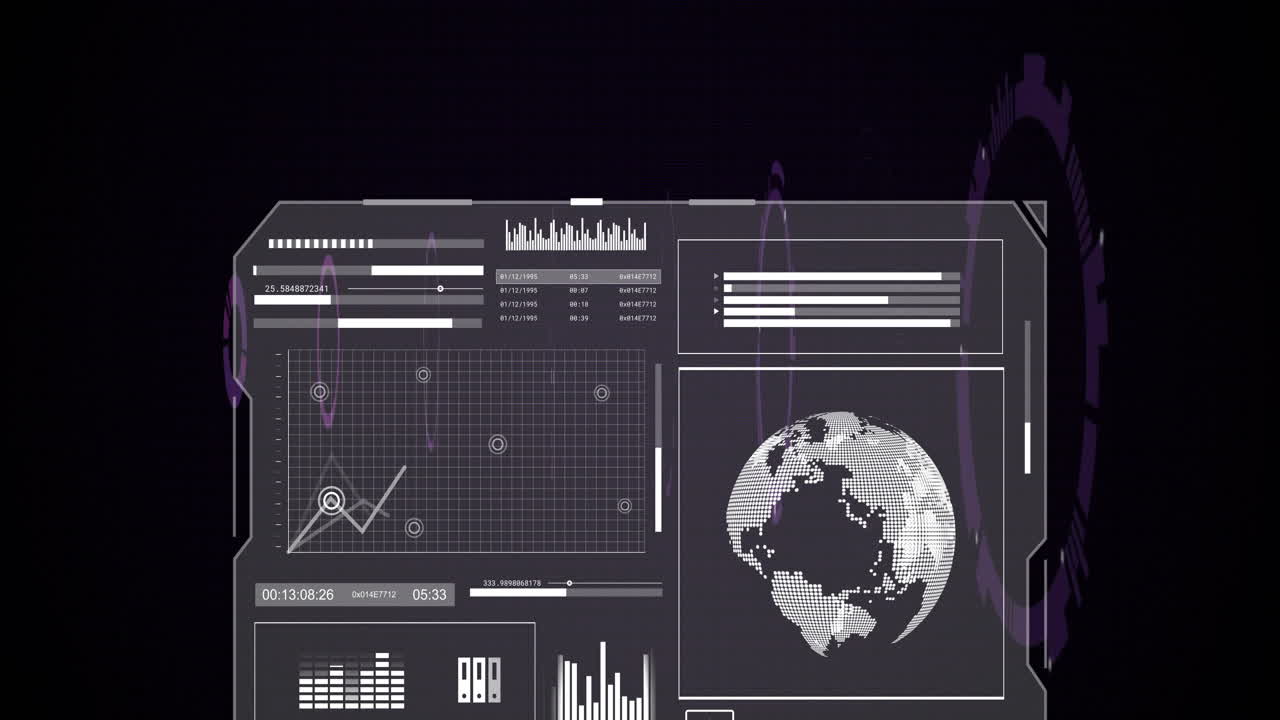 Futuristic HUD overlay showing rising line graph with progress bars, hex codes and dotted globe