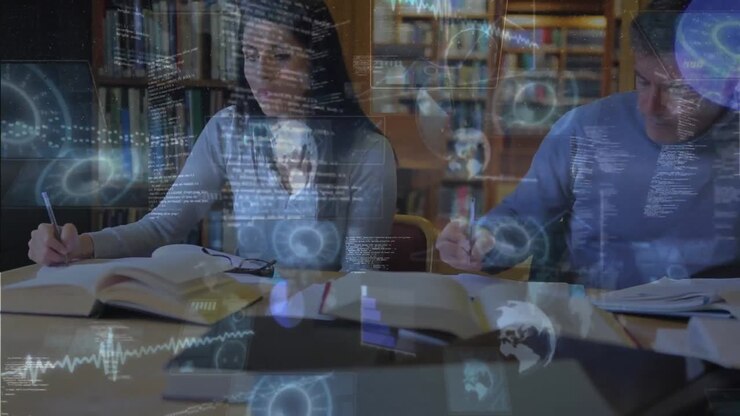 Round scanners and data processing over caucasian female student studying in library at college